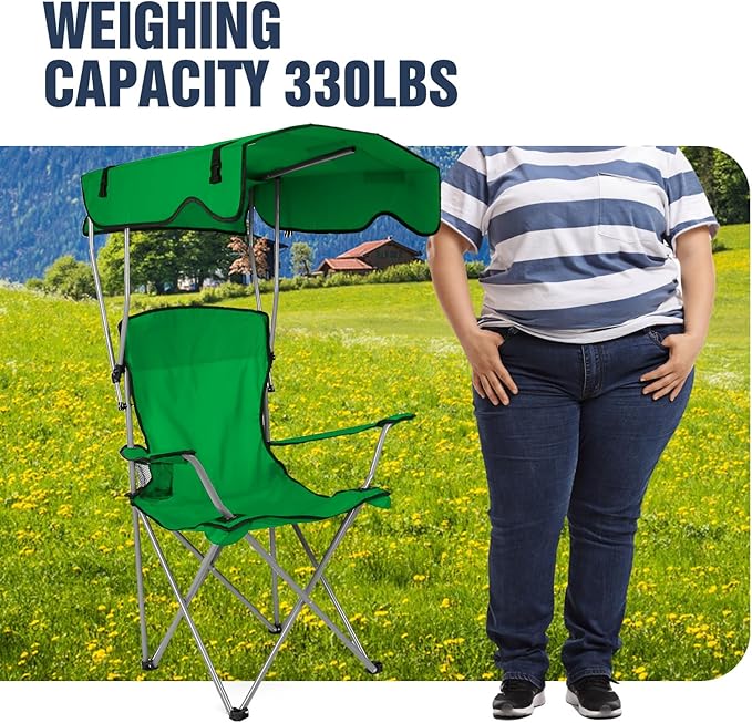 Camping Chair with Canopy Portable Outdoor Folding Beach Chairs with Cup Holder 330LBS Load Lawn Chair for Outside Fishing Beach Picnic (Green)