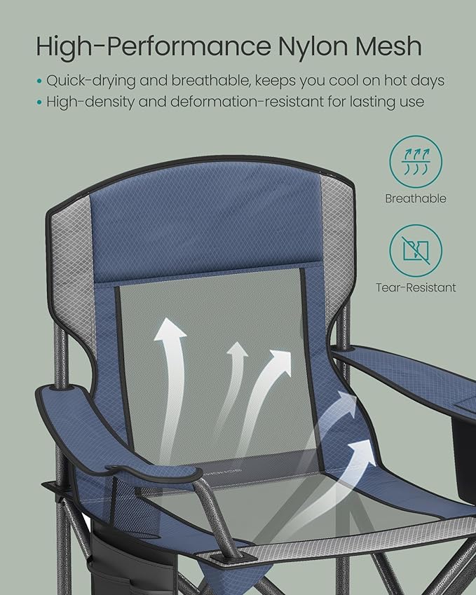 SONGMICS Camping Chair Folding Oversized Chair Comfortable and Heavy-Duty 352 lb Weight Capacity Adjustable Armrests with Cooler Bag Storage Bag Breathable Mesh Bijou Blue UGCB060Q01