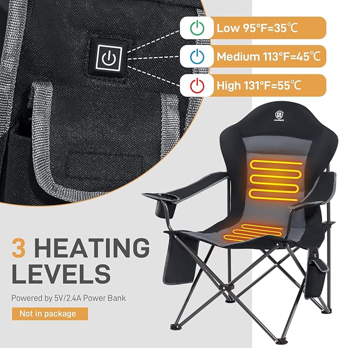 EVER ADVANCED Heated Camping Chair Lawn Chairs Heated Chair Outdoor Sports with 3 Heat Levels Heated Folding Chair Camping Chairs for Adults Supports 400lbs Battery Not Included