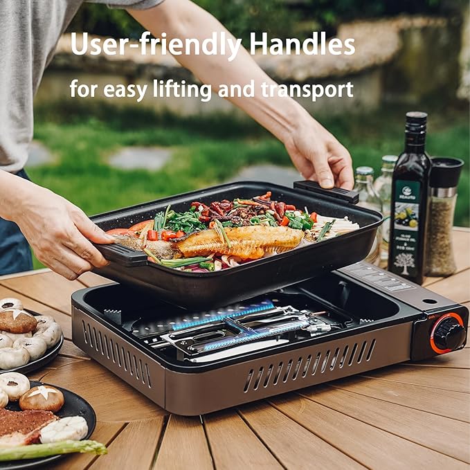 ONLYFIRE OUTDOOR LIVING Portable Propane Gas Stove with Grill Pan and Lid Butane Camping Stove Instant Ignition for Patio Backyard Home Cooking Camping RV Tailgating Emergency Use GS349