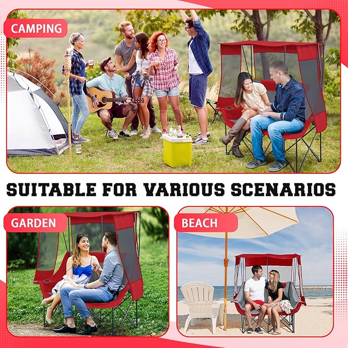 Double Camping Chair with Canopy Shade 660lbs Heavy Duty Beach Chair Portable Folding 2 Person Camping Loveseat with Cup Holder and Storage Bag for Lawn Beach Outdoor Sport(Red and Grey)
