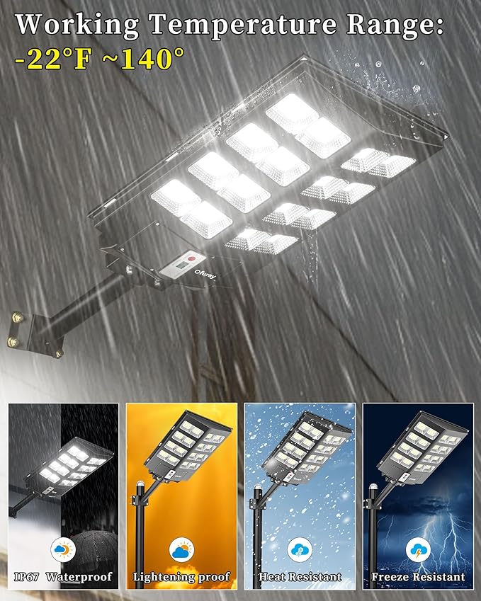 Ofuray Solar Street Lights OutdoorSolar Security Flood Lights Parking Lot Lights Commercial Dusk to Dawn 6500k Waterproof Led with Remote Control Motion for StreetCourtBarn (Of-2600W 268000Lm)