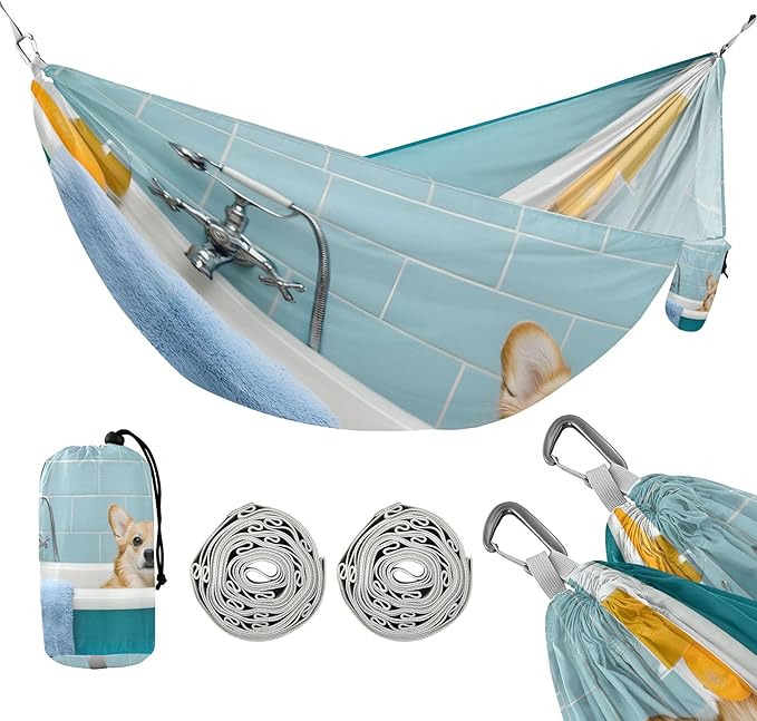 Dog Sitting in Bathtub Hammock 330 lb Capacity Travel Camping Hammock with Tree Straps Portable Lightweight for Outdoor Beach Backpacking Backyard Patio