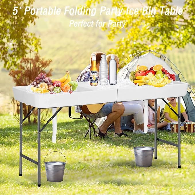 Party Ice Cooler Folding Table Fill and Chill Table with Drain Hose 5 Foot Beverage Ice Tables for Party Picnic BBQ Camping