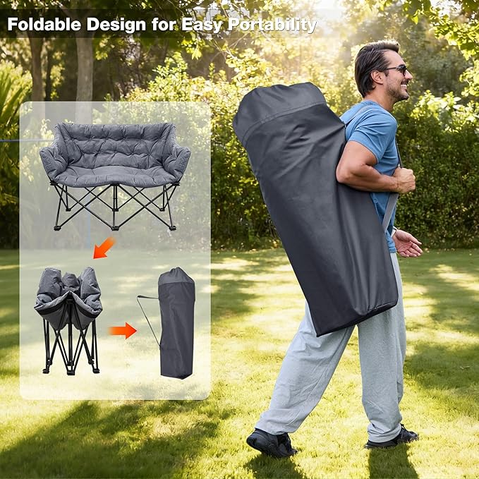 Double Camping Chair Heavy Duty Oversized Padded Loveseat for Adults 2 Person Outdoor Portable Camping Chairs for Lawn Backyard Fishing Trip Support 600lbs Grey