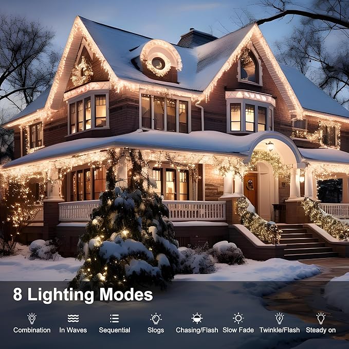 LED Icicle Lights for Outdoor Christmas Decorations118Ft 1200 LEDs Christmas Fairy Light with Timer&ampMemory Function8 Lighting ModesPlug in hanging Curtain Lights for Xmas Party(Cool White)