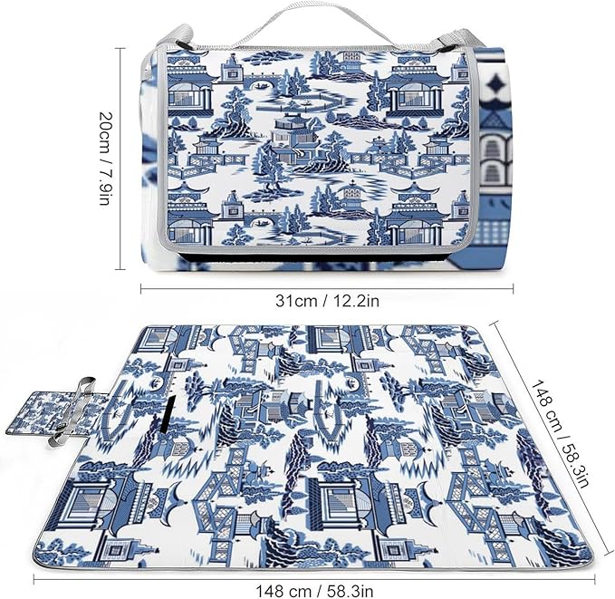 Blue and White Chinese Folk Chinoiserie Style Waterproof Outdoor Picnic Blanket Sandproof Beach Mat for Camping Hiking Grass Travelling