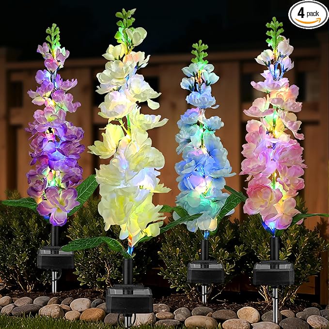4 Pack Solar Garden Lights Outdoor LED Colorful Waterproof Solar Powered Hyacinth Flowers Landscape Lights for Patio Outside Yard Pathway Decorative Décor Gifts Two Lighting Modes