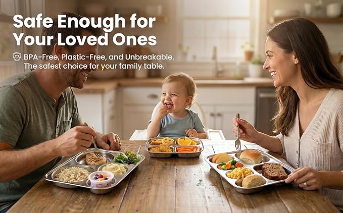 Korean Stainless Steel Divided Plates for Toddlers Kids Babies 8-Inch Premium 304 Electro-Polished No Black Residue BPA-Free Round 3-Compartment Food Tray Camping Diet Control Set of 2