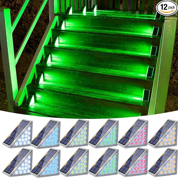 VOLISUN Solar Stair Lights 12 Pack 7 Fixed Colors Solar Step Lights Outdoor Waterproof IP67 LED Outdoor Step Light Deck Light Outdoor Decor for Garden Stair Front Step Porch and Patio