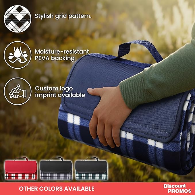 DISCOUNT PROMOS 6 Brookhaven Roll Up Picnic Blankets Set - Fleece Woven Handle - Navy Blue