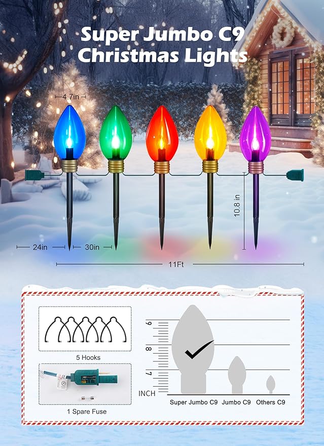 Super Jumbo C9 Christmas Pathway Lights - 11FT 5 LED Jumbo Christma Walkway Light Multicolor Christmas Decoration Outside Waterproof Giant Christma Lights Outdoor Decoration for Yard Holiday Lawn