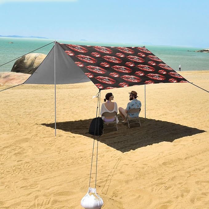 ALAZA Red Lips Beach Tent Sun Shelter UPF50+ Protection Beach Shade Canopy w/ 4 Sandbags for Outdoor Camping Fishing Backyard Fun Picnic 10x9 ft