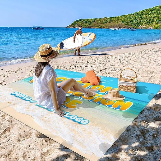 Custom Waterproof Beach Blanket - Personalized Sandproof Beach Mat with Photo Text - 110'' x 118'' Oversized Travel Blanket for Picnic Camping