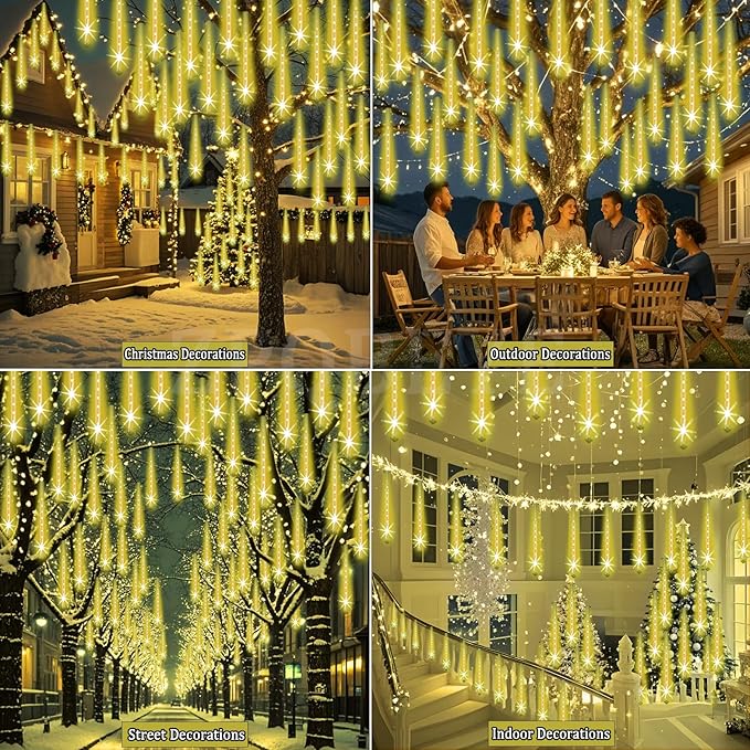 Outdoor Meteor Shower Christmas Lights 24-Tube 576LEDs Shooting Star Waterfall Meteor Shower Falling Rain Light for Christmas Tree Decorations Wedding Party Holiday Garden UL Plug Warm White
