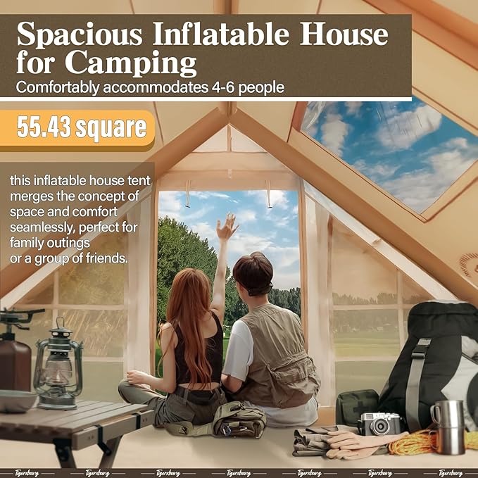 Inflatable Tent for Camping 4-6 Person Glamping Air Tents Easy Setup 4 Season Luxury Cabin Waterproof &amp Windproof Inflatable House Tent with Panoramic View Windows