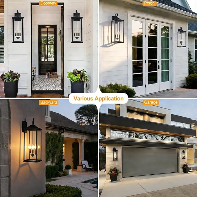 24 2Pack Outdoor Wall Light Fixture 3-Light Candelabra Exterior Wall Sconce E12 Base Clear Glass Modern Matte Black Porch Light IP65 Waterproof Wall Mounted for Front Door Garage &amp House