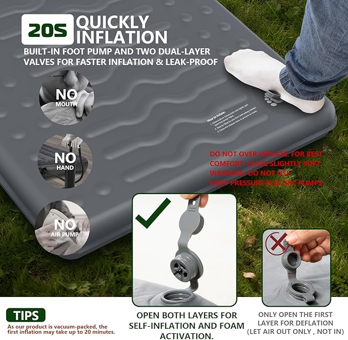 HiiPeak Memory Sleeping Pad Compact 3 Thick Foam Sleeping Mats with Pillow 9.5 R-Value Insulated Camping Mattress Pad Easy Inflate &amp Deflate Inflatable Sleep Mat for Backpacking Hiking Car Te
