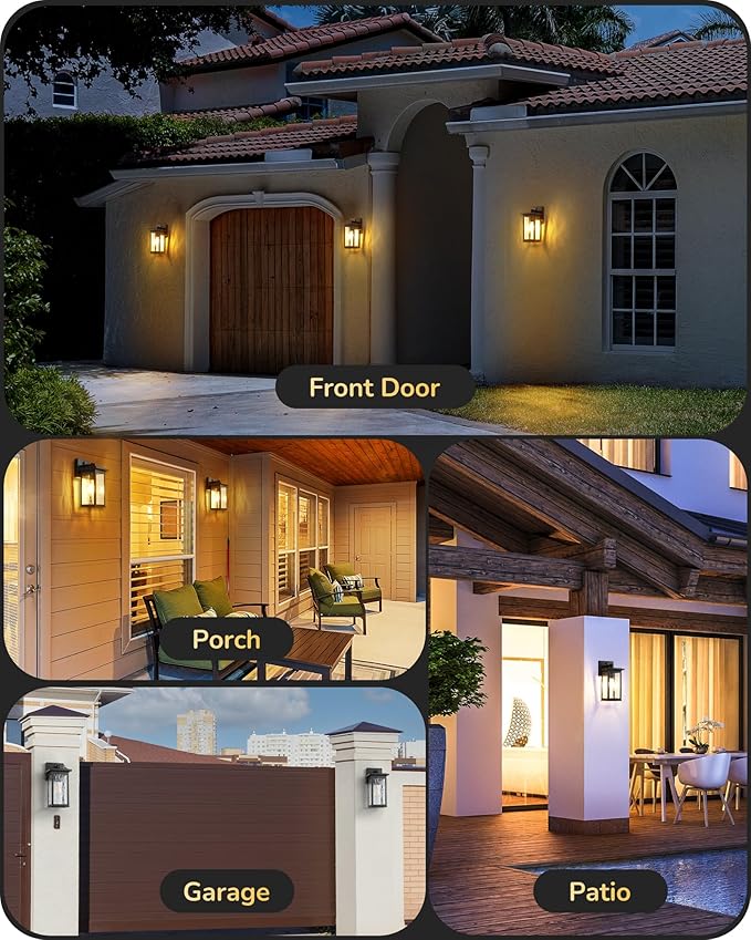 EDISHINE 2 Pack Outdoor Wall Light Dusk to Dawn Exterior Light Fixture Modern Porch Light Wall Mount Sconce Clear Water Ripple Glass Black Metal Outside Wall Lantern for Front Door Garage Patio
