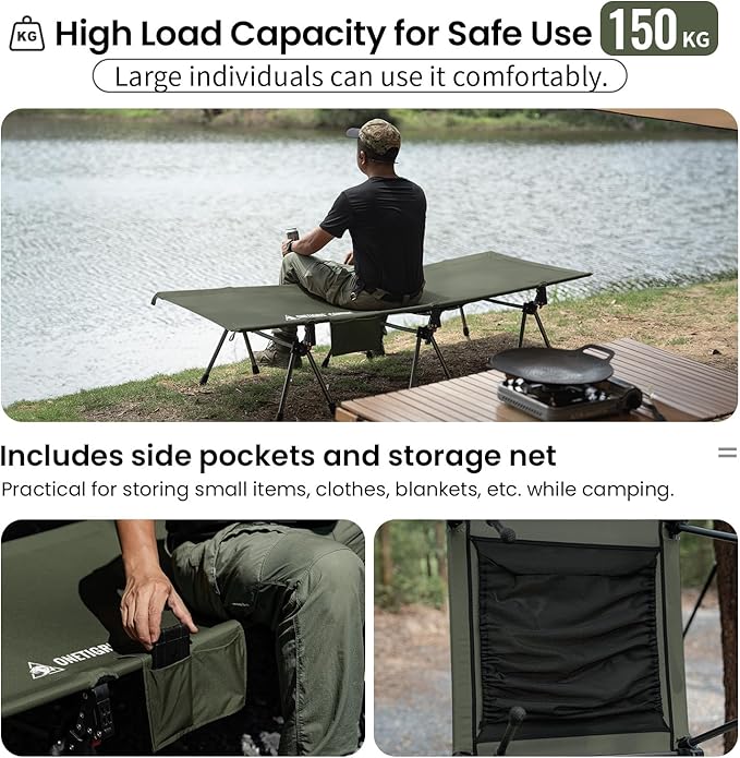ONETIGRIS SUPRANUBIS Camping Cot Height Adjustable with Cot Leg Extenders Strong Support 330lbs Lightweight Comfortable Folding Bed for Camping Hiking Travel Truck Beach Office Nap