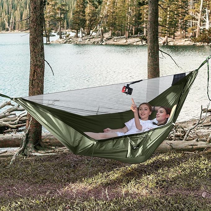 Camping Hammock with Mosquito Net and Ridge Rope Extra Large for 2 Person Lightweight Hanging Hammocks Tree Straps All-in-one Fast Open Hammock for Outside Hiking and Travel