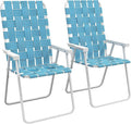 Set of 2 Patio Folding Chairs Classic Outdoor Camping Chairs Portable Lawn Chairs for Camping Garden Pool Beach Backyard w Armrests Blue
