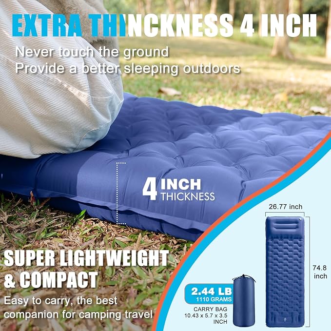Inflatable Camping Sleeping Pad with Pillow Extra Thickness 4 Inch Sleeping Mat with Built-in Pump Compact &amp Ultralight Camping Air Mattress for Backpacking Hiking Tent Traveling