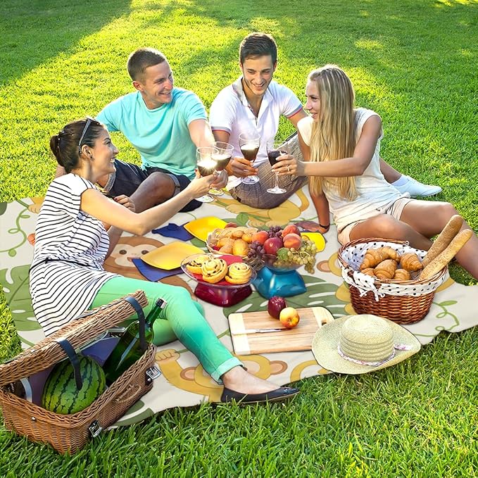 Tropical Cartoon Monkey Beach Blanket - Waterproof and Sand Proof 79 x83 Large Lightweight Picnic Mat Suitable for Beach Camping Hiking Includes 4 Ground Nails&amp1 Storage Bag