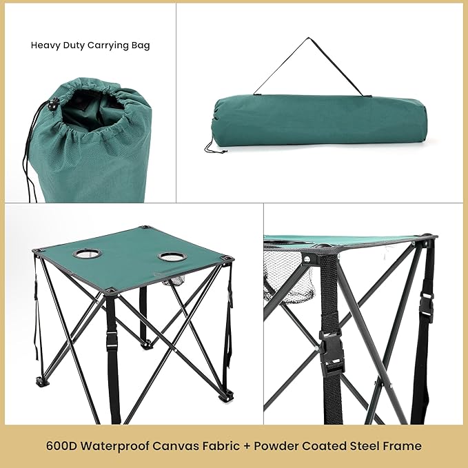 ARROWHEAD OUTDOOR 26” (66cm) Portable Camping Folding Table 2 Cup Holders Square Carrying Case Steel Frame High-Grade 600D Canvas