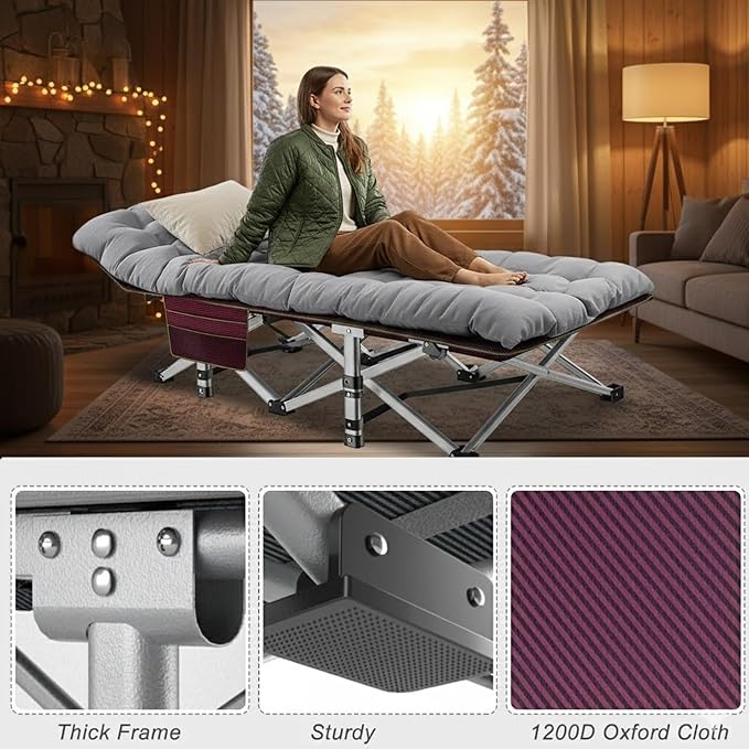 ABORON Folding Camping Cot W/Mat for Adults Heavy Duty Outdoor Bed with Carry Bag1200 D Layer Oxford Travel Camp Cots