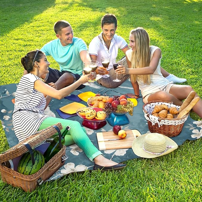 Waterproof Sandproof Beach Blanket 59''×68'' Plants &amp Bird Polyester Outdoor Picnic Blanket with 4 Stakes &amp Storage Bag for BeachCampingVacation Blue-Gray