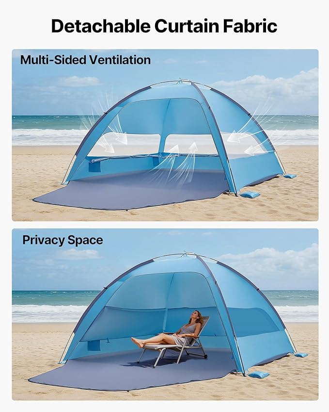 VEVOR Beach Tent Sun Shelter for 6 Person UPF 50+ Protection Portable Sun Shade Beach with Carrying Bag &amp Sand Pockets Lightweight and Easy Setup Beach Umbrella for Camping Fishing Outdoor Picn