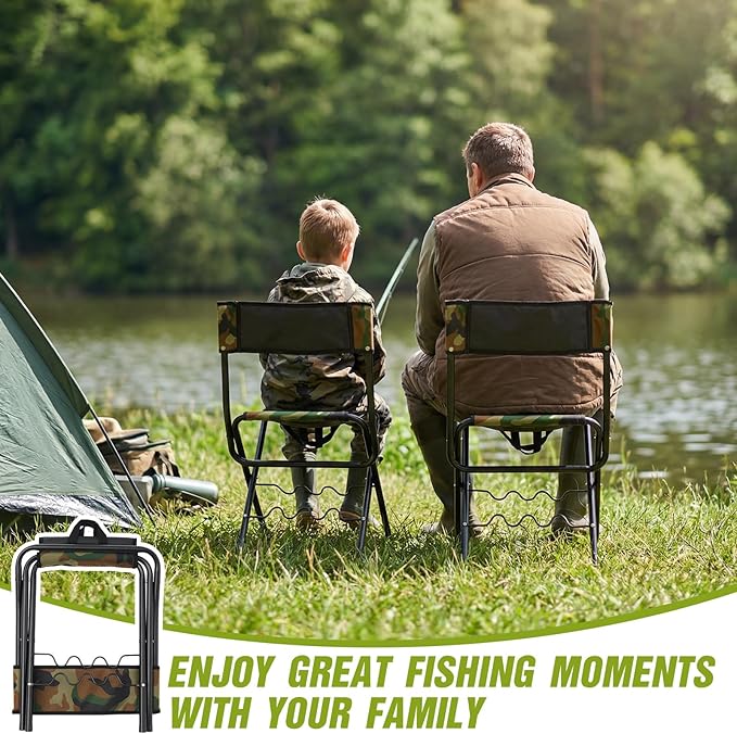 Wenqik 2 Pcs Summer Folding Fishing Chair with Rod Holder Hunting Camping Chairs for Adults Outdoor Portable Folding Chair for Men Women Ice Fishing Lawn Patio Garden Beach Gifts (Camouflage)