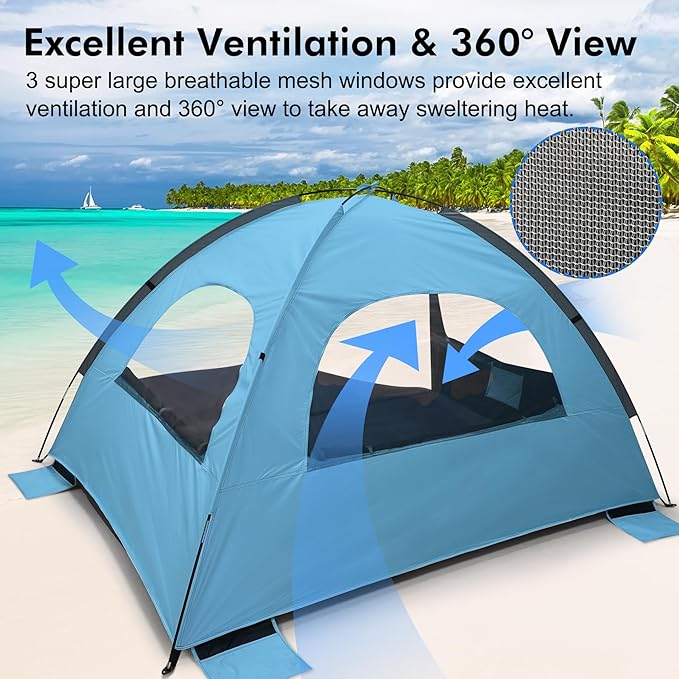 WhiteFang Beach Tent Anti-UV Portable Sun Shade Shelter for 3/4/6/8 Person Extendable Floor with 3 Ventilating Mesh Windows Plus Carrying Bag Stakes and Guy Lines