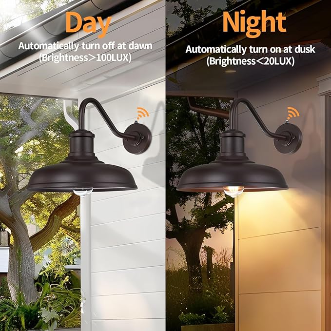 13.8'' Large Dusk to Dawn Outdoor Gooseneck Barn Light 2-Pack Outdoor Wall Sconce Farmhouse Exterior Light Wall Lighting Fixture Industrial Lantern for Porch Entryway Garage Brown
