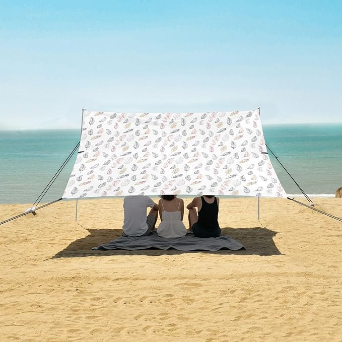 ALAZA Colorful Feathers Beach Tent Sun Shelter UPF50+ Protection Beach Shade Canopy w/ 4 Sandbags for Outdoor Camping Fishing Backyard Fun Picnic 10x9 ft