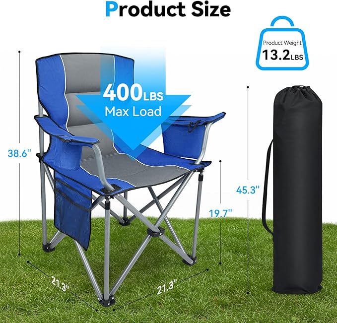 Oversized Camping Chairs for Adults Folding Chairs for Outside Heavy Duty - 400lbs Support with Cup Holder Cooler Bag and Side Pocket Portable for Lawn Outdoor Sports