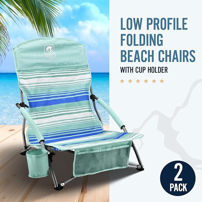 Low Profile Folding Beach Chair 2PK Mint Green Stripes