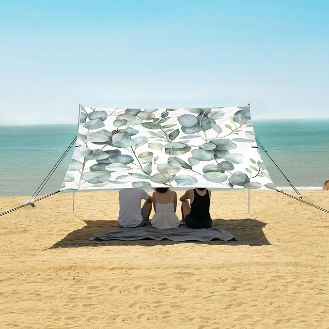 Watercolor Eucalyptus Beach Tent Sun Shelter 9.2' x 10.5' Beach Canopy with 4 Sandbags 4 Stability Poles Sand Shovels - Tent Canopy for Beach Camping Fishing Picnics