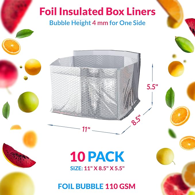 ABC PACK &amp SUPPLY 10 Pack Silver Foil Insulated Box Liners 11 x 8.5 x 5.5 inches. Silver Shipping Boxes for Frozen Food Odorless Insulated Containers. Fits USPS Medium Flat Rate Box