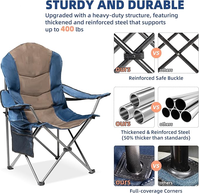 2 Pack Folding Camping Chairs for Adults - High Back Padded Portable Outdoor Lawn Chairs with 400lbs Adjustable Lumbar Support - Lightweight Camp Chairs Set (Light Blue &amp Brown)