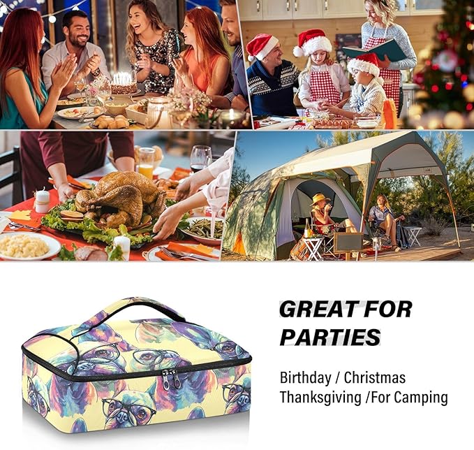 Casserole Carrier Cool Dog Wearing GlassesInsulated Casserole Carrier for Hot or Cold Food Thermal Lunch Tote for Potluck Parties Picnic Beach Fits 9 x 13 Inches Baking Dish
