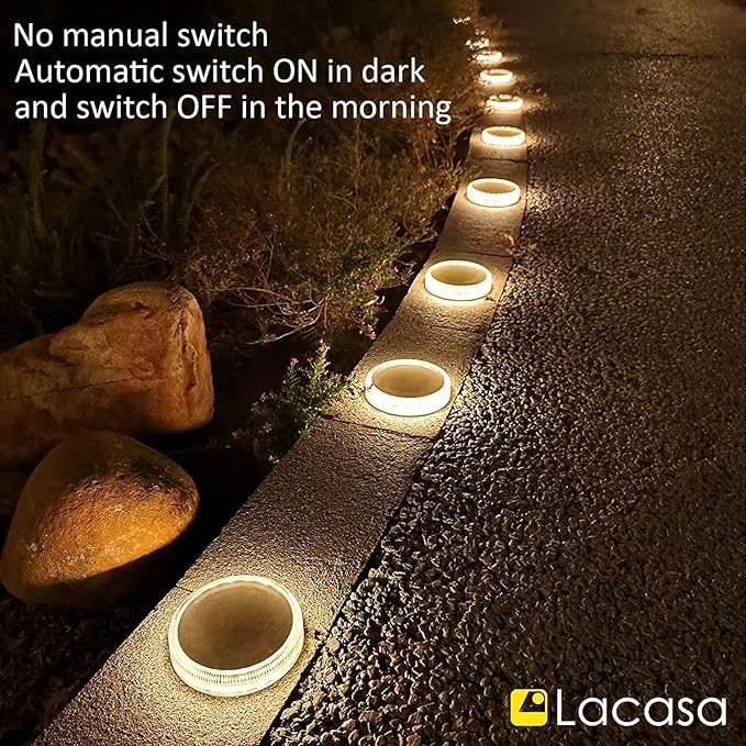 Lacasa Solar Deck Lights Driveway Walkway Dock Light Solar Powered Outdoor Waterproof Stair Step Pathway Ground LED Lamp for Backyard Patio Garden Auto On/Off - Warm White - 4 Pack