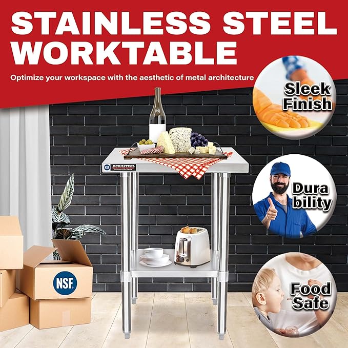 DuraSteel 24x24 Stainless Steel Prep Table - NSF Commercial Outdoor Grill Worktable - Metal Side Mixer Stand with Under Shelf - For Laundry Room Kitchen Small Spaces