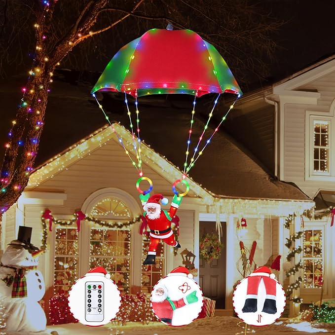 Toodour LED Christmas Lights 2.8ft x 1.8ft Foldable Parachute Lights with Santa Claus 8 Mode Remote Waterproof Battery Powered Multicolor Holiday Decorative Light for Indoor Outdoor Xmas Decor