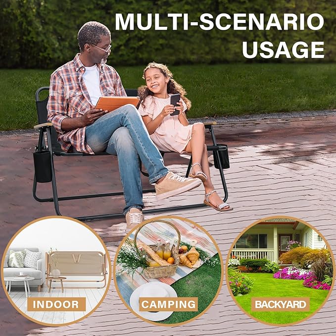 Loveseat Camping Chair Folding Double Camping Chair Portable Beach Chair with Armrests and Cup Holder for GardenPatioTravelFishing