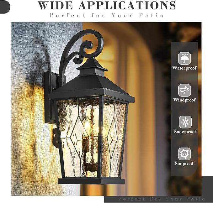 Emliviar 22.4 Large Outdoor Wall Light Matte Black Exterior Lighting Fixtures with Water Glass Shade Outside Wall Lantern with E12 Bulb Base WE301BM-SD BK
