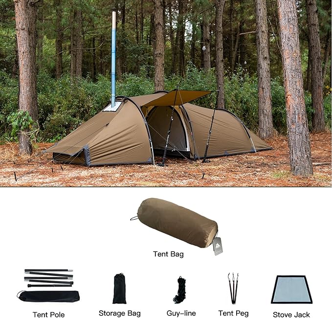 POMOLY Tunnel Tent for 1-2P Camping Locomotive 2 Chimney Tent for 4 Season Hiking Backpacking Hunting (Without a Ground Sheet)