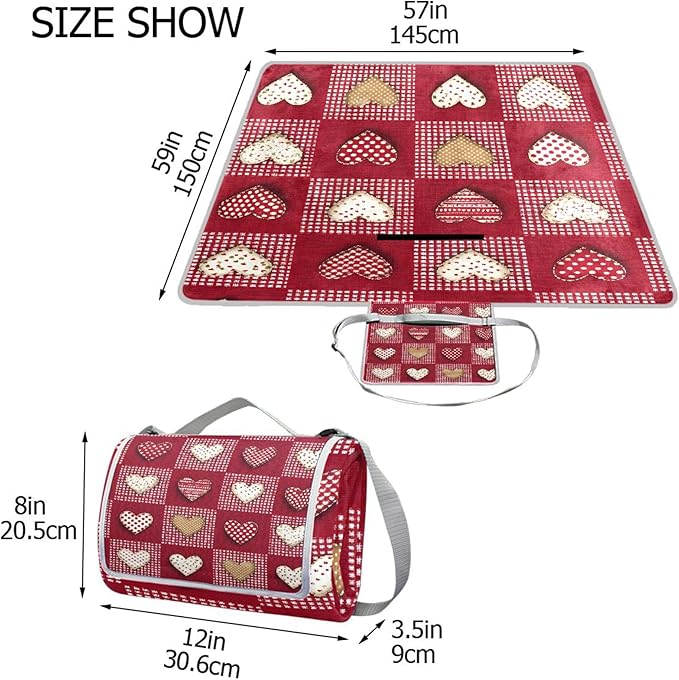 MNSRUU Picnic Blanket Waterproof Foldable Red White Checkered Heart Large Outdoor Picnic Beach Camping Blanket Travel Mat Shoulder Strap Tote Rectangle 57x59in