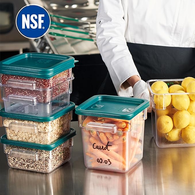 CURTA 4-Pack Food Storage Containers with Green Lids - 2 Qt &amp 4 Qt Square Clear Polycarbonate - NSF Listed Commercial Grade Freezer &amp Dishwasher Safe Stackable